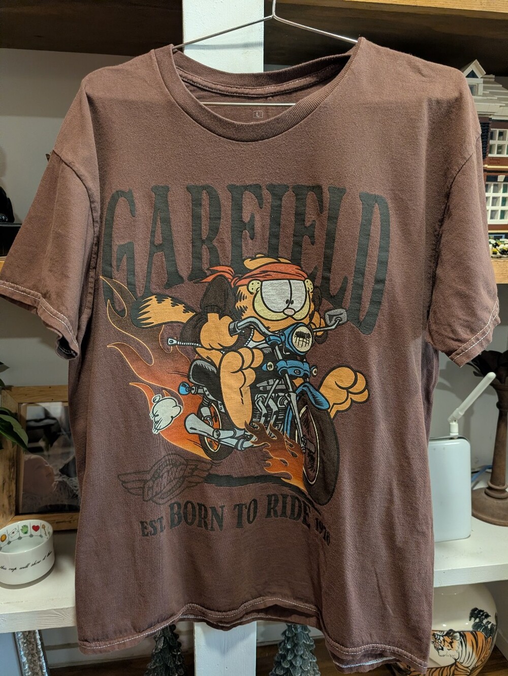 Garfield Cat Biker Motorcycle Brown Cotton T-shirt Size Large
